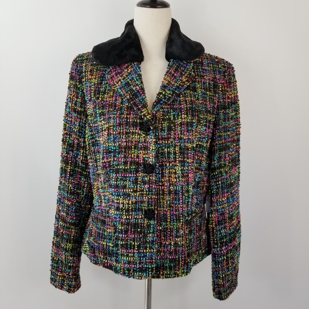 Josephine Chaus Black Green Pink Blue Removeable Faux Fur Collar Jacket NEW 10